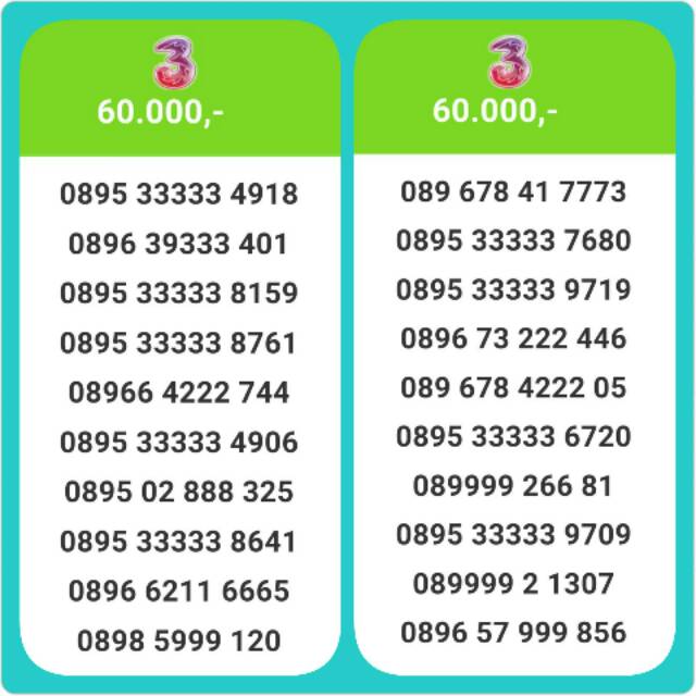 Nomor Cantik Tri 4G Murah NT60