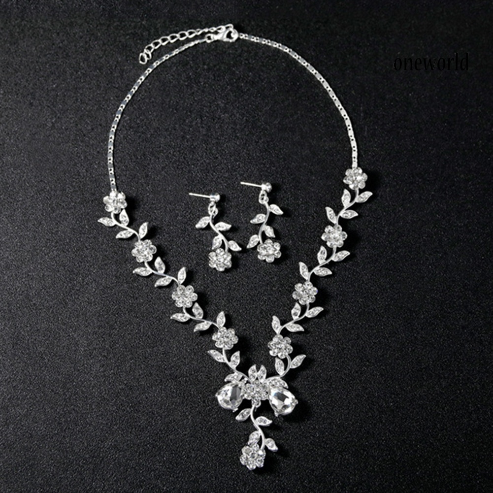 OW@ Women Rhinestone Leaves Flower Necklace Stud Earrings Wedding Bridal Jewelry Set