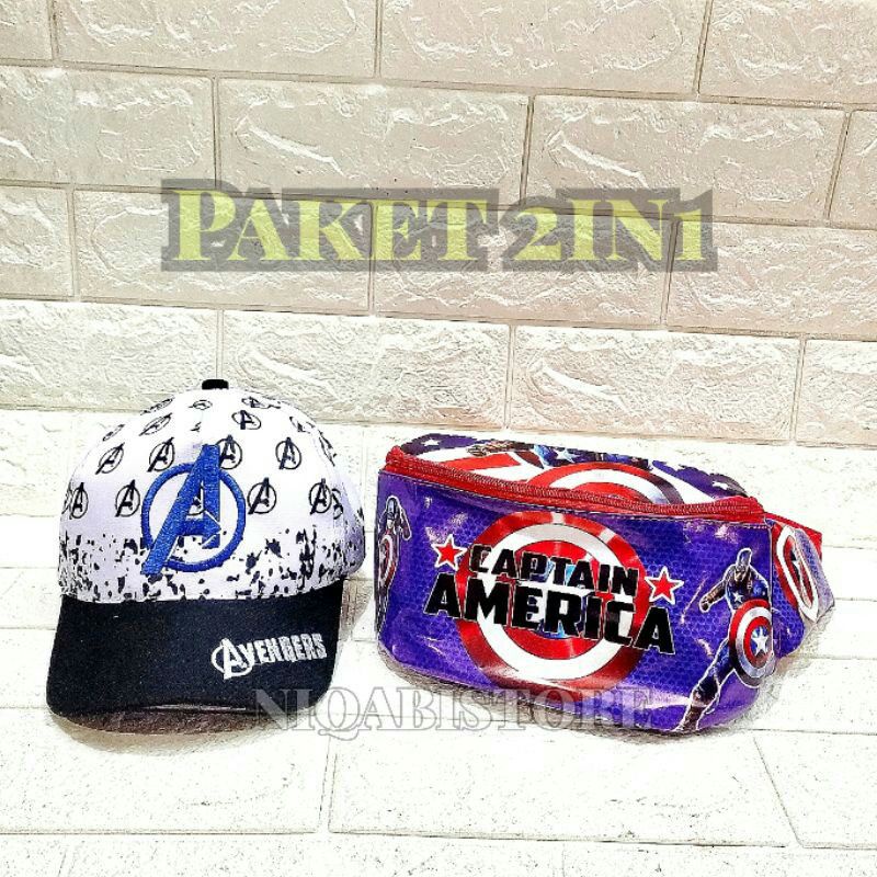 paket 2in1 topi anak tas selempang anak topi anak bordir full print avenger