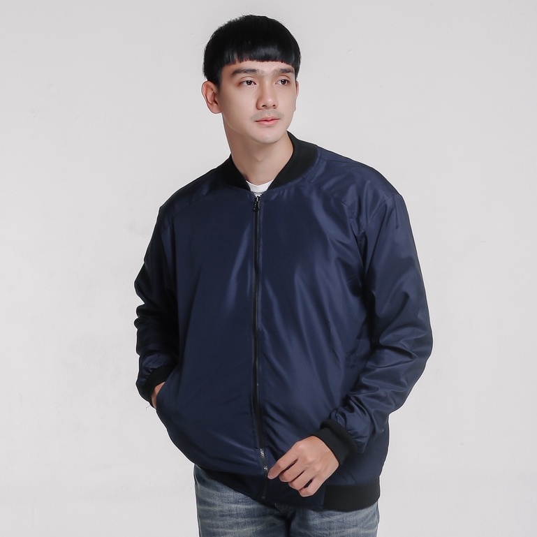 (Warna Navy) Jaket Bomber Polos Bolak Balik Unisex Pria Wanita