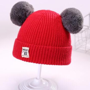 OSM JKT T657 Topi Rajut Pompom Bulu Anak / Topi Kupluk Wool Rajut Hangat Bayi / Topi Anak Unisex-Merah