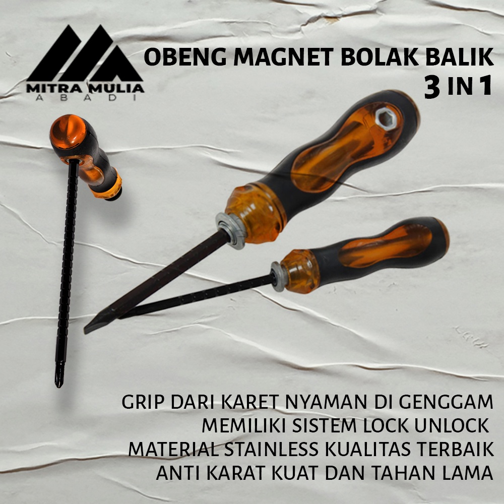 Obeng Magnet Bolak Balik 7.5 &amp; 9 Inch I Obeng Bolak Balik Min Plus 3 Way - Hitam