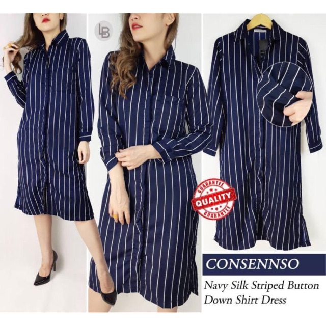 D737 Consenso navy striped button down silk shirt dress