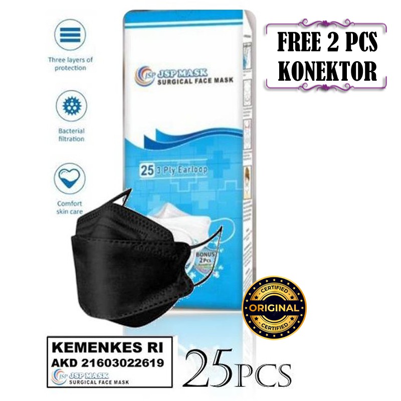 Masker Surgical Face Mask JSP Mask 3 Ply isi 25 pcs Free 2 Konektor  Model Convex Korea Evo