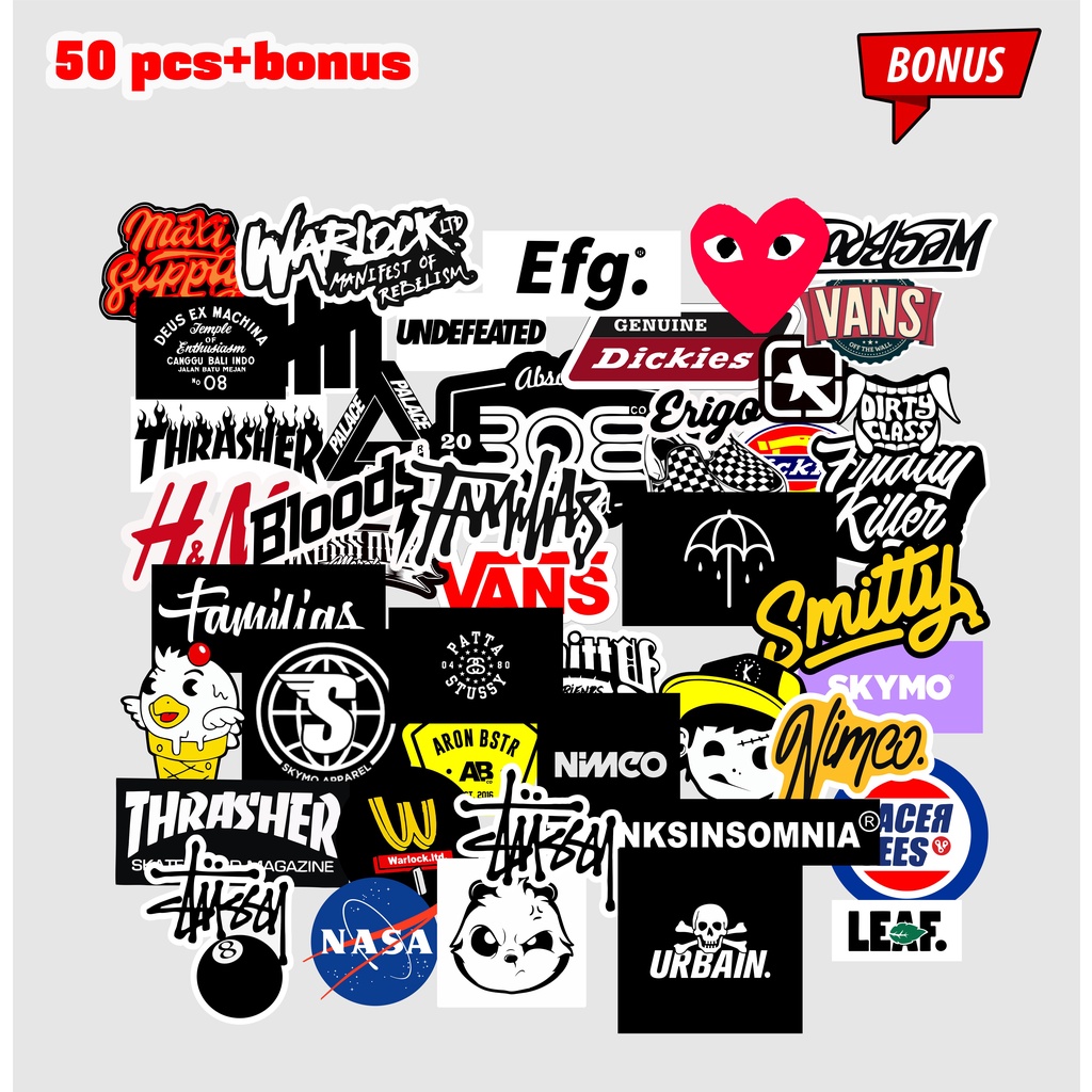 

Stiker PAKET sticker Isi 50pcs distro clothing Terbaru Stiker Brand striping decal racing grafiti kekinian hitam gaul Graftac High quality Tumblr anti air