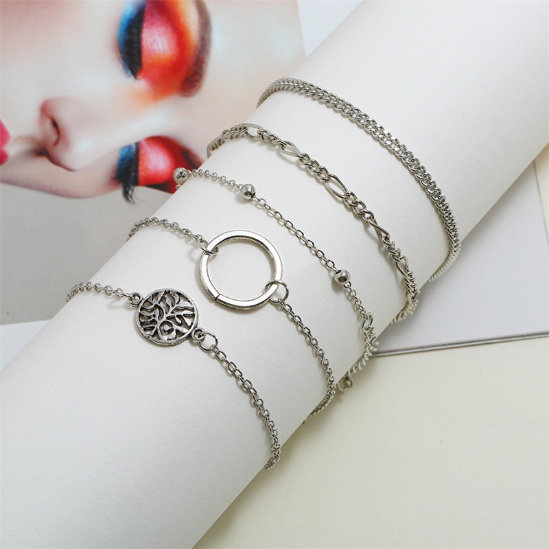 5pcs / Set Gelang Multilayer Bentuk Bulan Dan Telapak Tangan Hollow Gaya Klasik Untuk Wanita