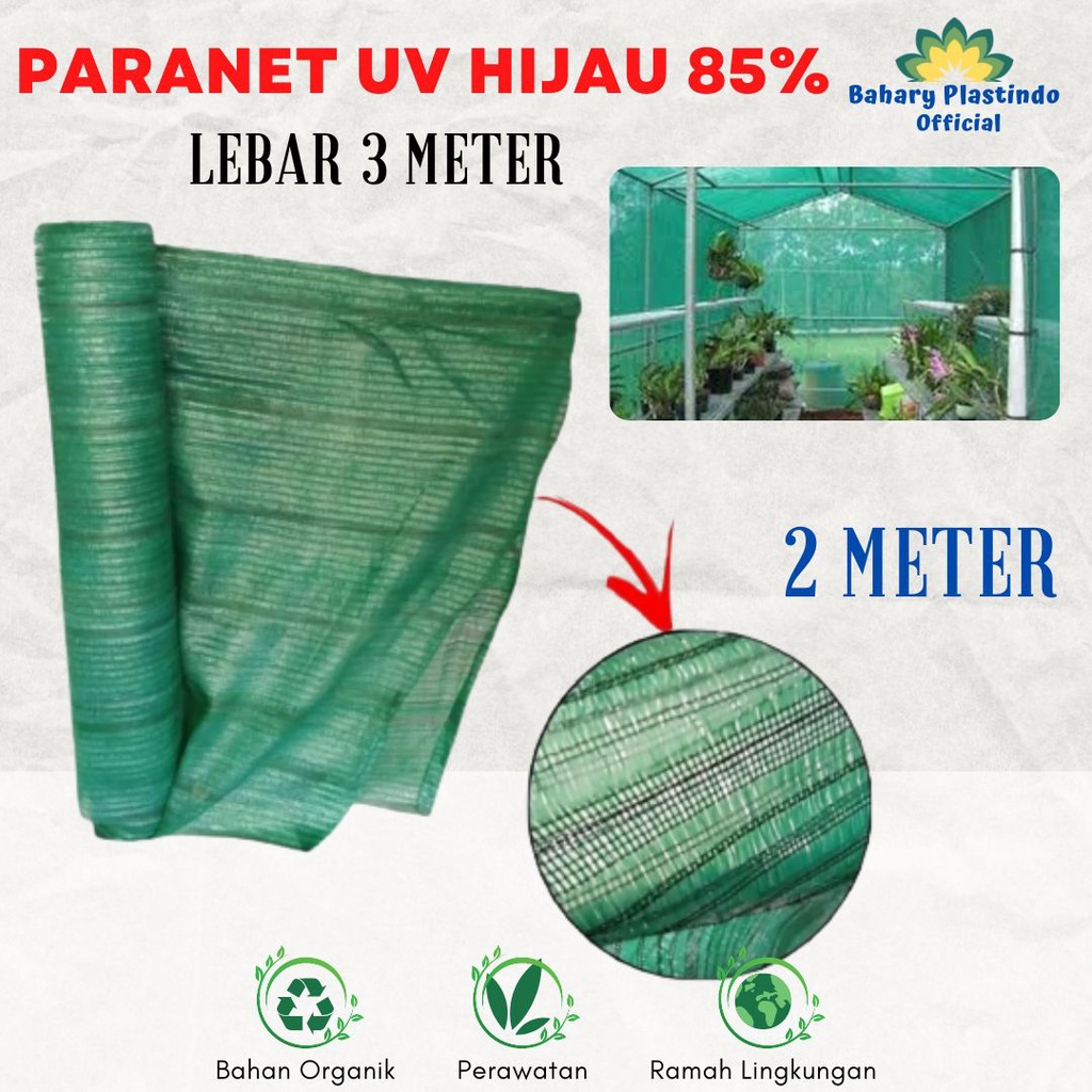 Paranet Hijau 85% Bahan Virgin Panjang 2 Meter x Lebar 3 Meter Peralatan Berkebun