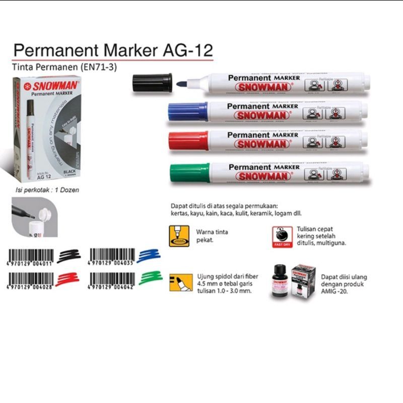 

COD alat tulis stationery Spidol Permanent Marker Snowman AG - 12 / (1pak/12pcs)