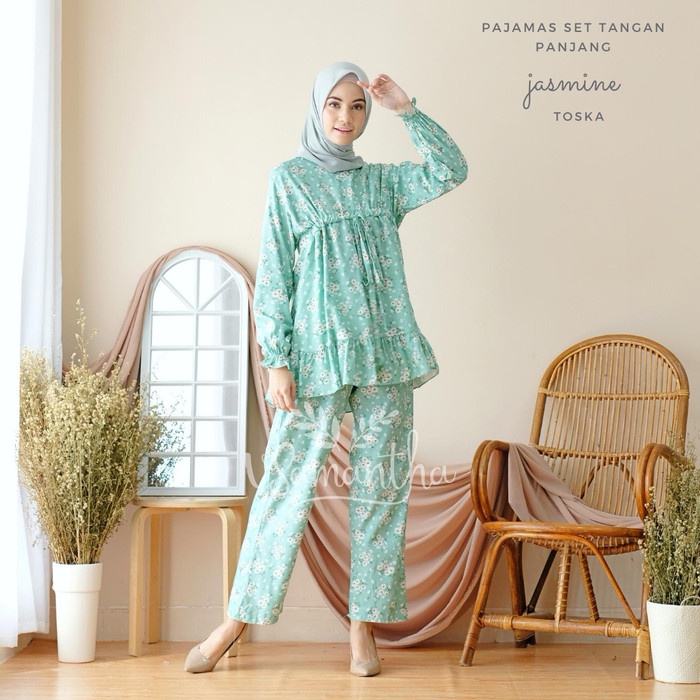 baju tidur Pajamas Set Rayon Jasmine Rempel BUSUI|Tangan panjang,Celana panjang - Toska lingerie set