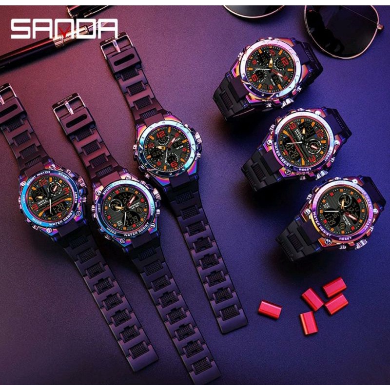 Jam Tangan Sanda Jam Tangan Kombinasi Warna Outdoor Jam Tangan Rantai Dualtime