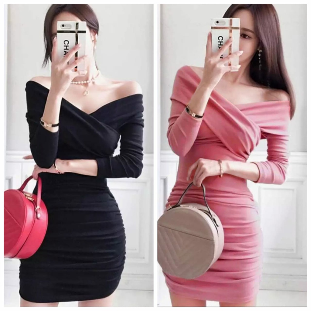 DRESS SEXY CLUB MALAM 12733: Dress Mini Wanita Pink Hitam - Gaun Pesta Pendek dengan Gaya Off-Should