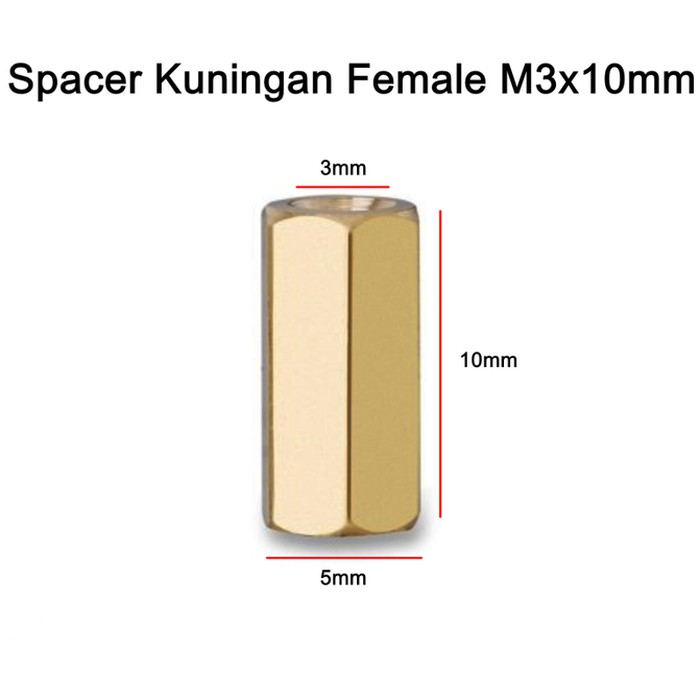 Spacer Female Female PCB kuningan M3x10mm Hexagonal Tiang kaki pcb