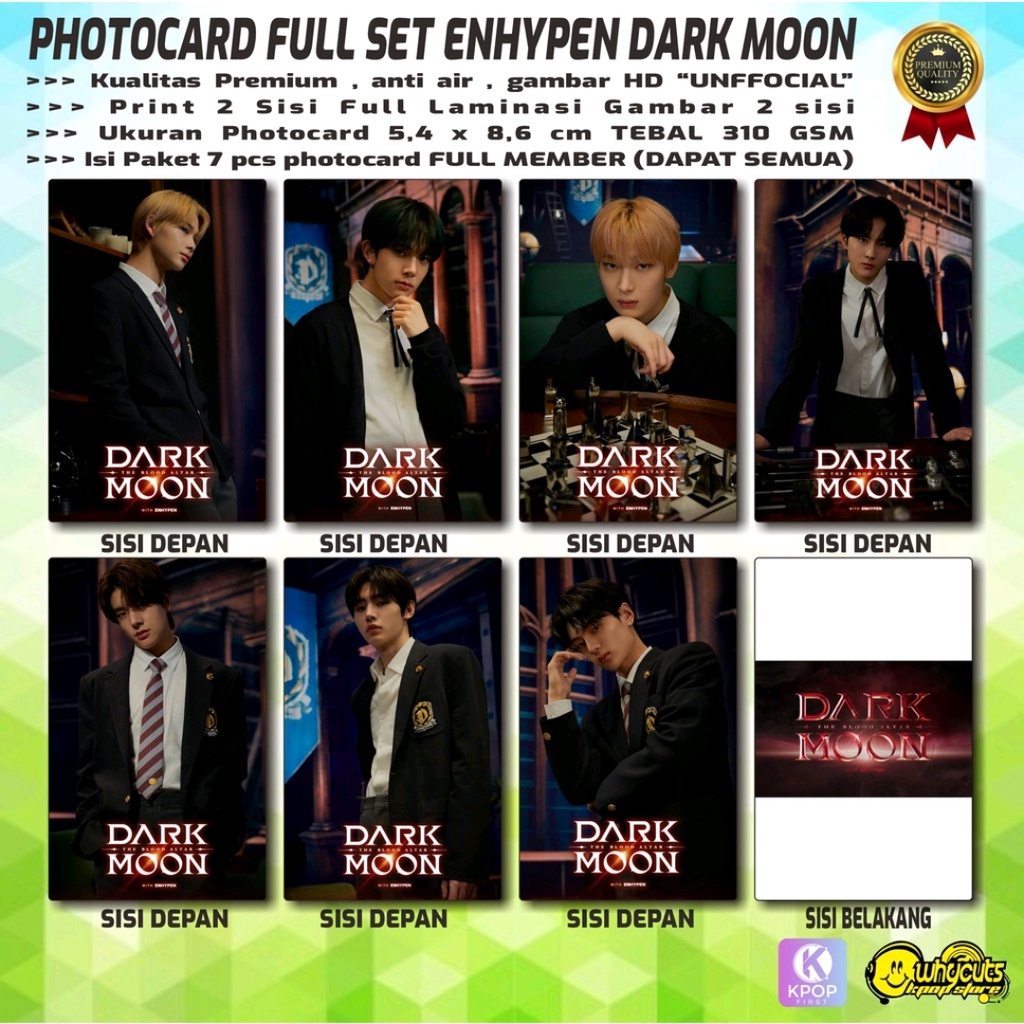 PHOTOCARD SET PREMIUM KPOP ENHYPEN DARK MOON // ENNIVERSARY PRINT 2 SISI FULL LAMINASI GLOSSY // ISI 7 PCS