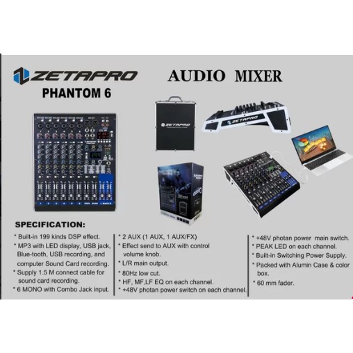 MIXER 6 CHANEL ZETAPRO PHANTOM 6 ORIGINAL usb bluetooth aux 2 effect 199 dsp free koper hardcase