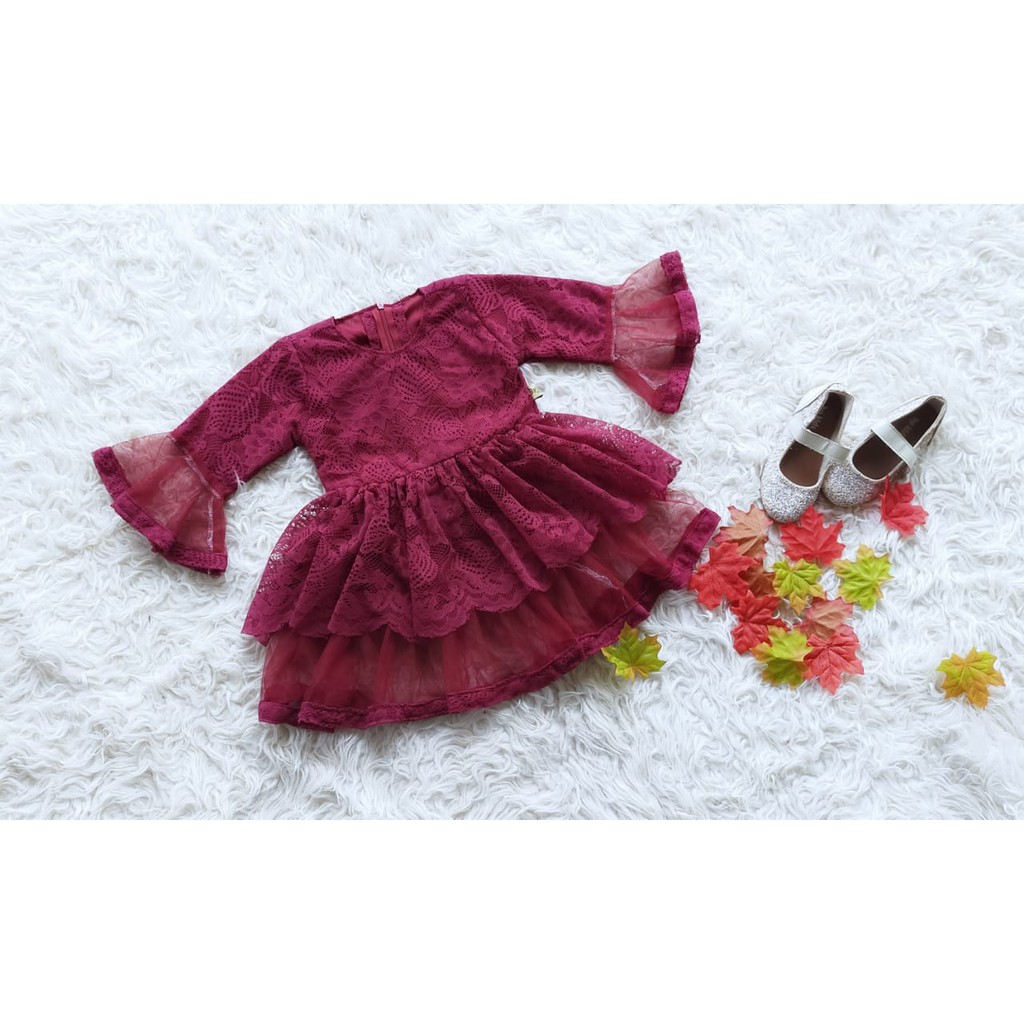 DRESS ANAK MODEL CHATERINE / DRESS ANAK BROKAT / BAJU ANAK PEREMPUAN WARNA MAROON 3-4 TAHUN