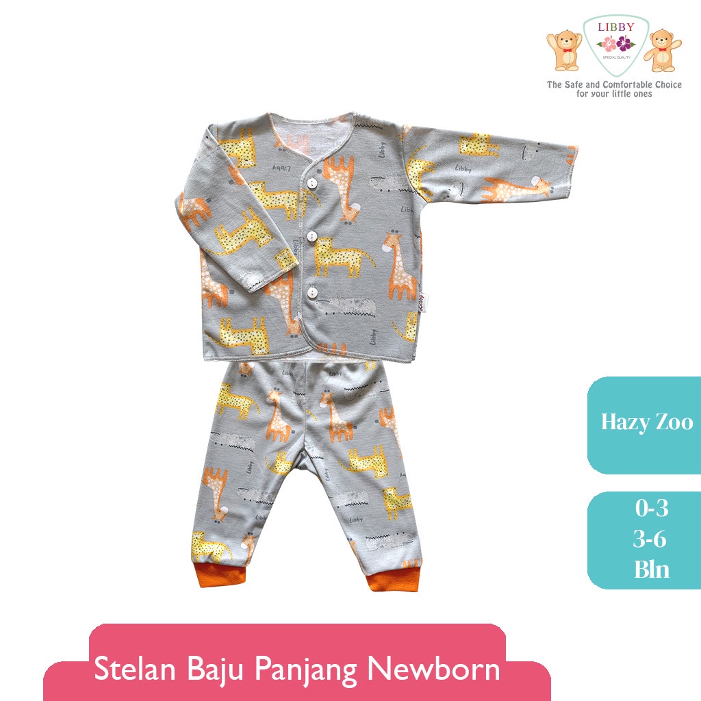 Baju Bayi Anak Setelan Panjang Kancing Depan Newborn 0-6 Bulan LIBBY Motif Hazy Zoo (1 stel)