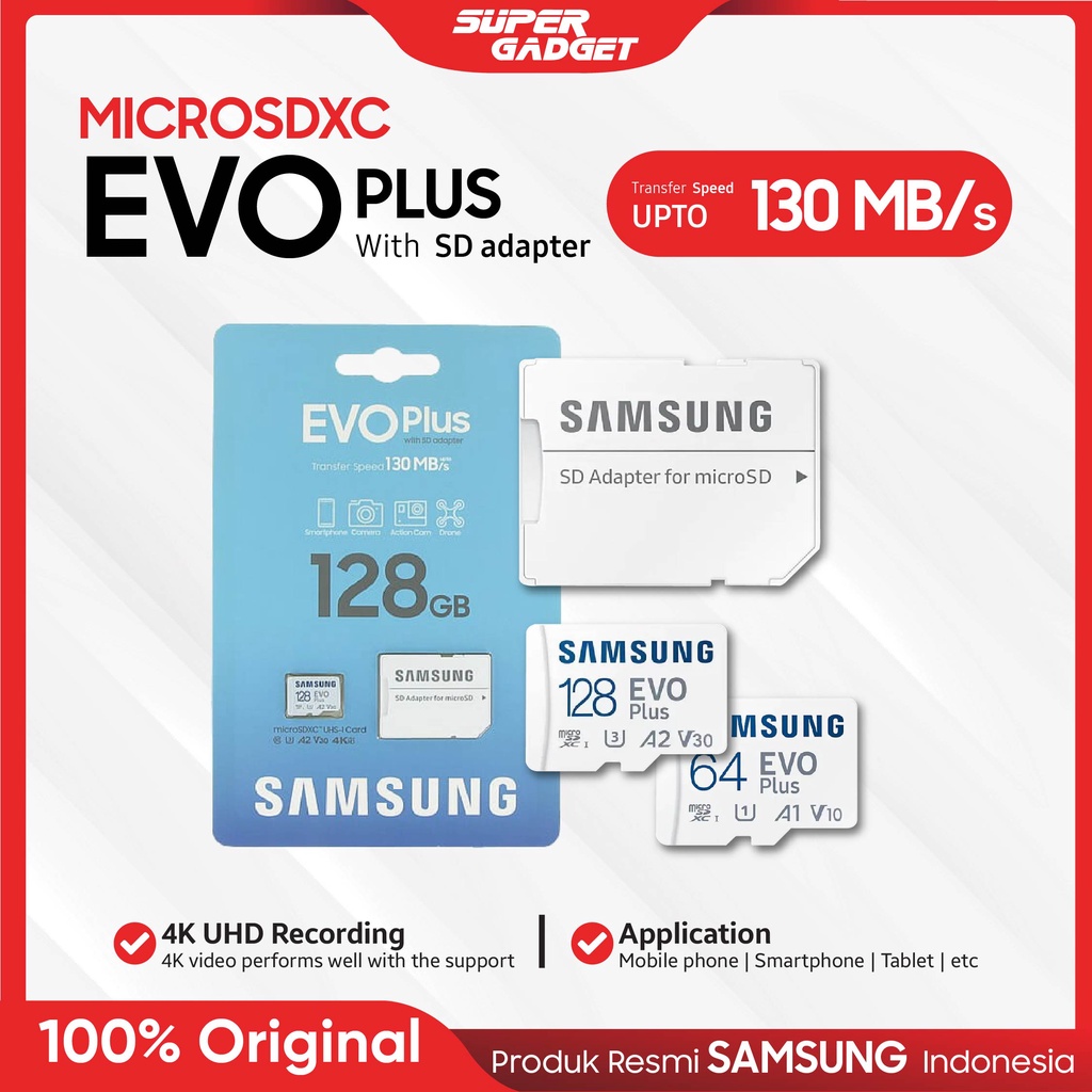 Samsung Memory Card EVO Plus 128GB 64GB 128 64 GB with Adapter 130 MB/S Kartu Memori SD Card Original Murah