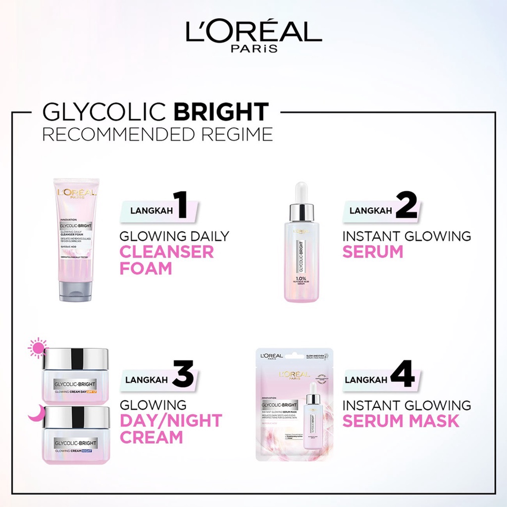 ❤ BELIA ❤ LOREAL PARIS Glycolic Bright Glowing Series | Instant Serum | Daily Cleanser Foam | Cream Day SPF 17 | Night | Mask Sheet | Acid | L'Oreal | BPOM
