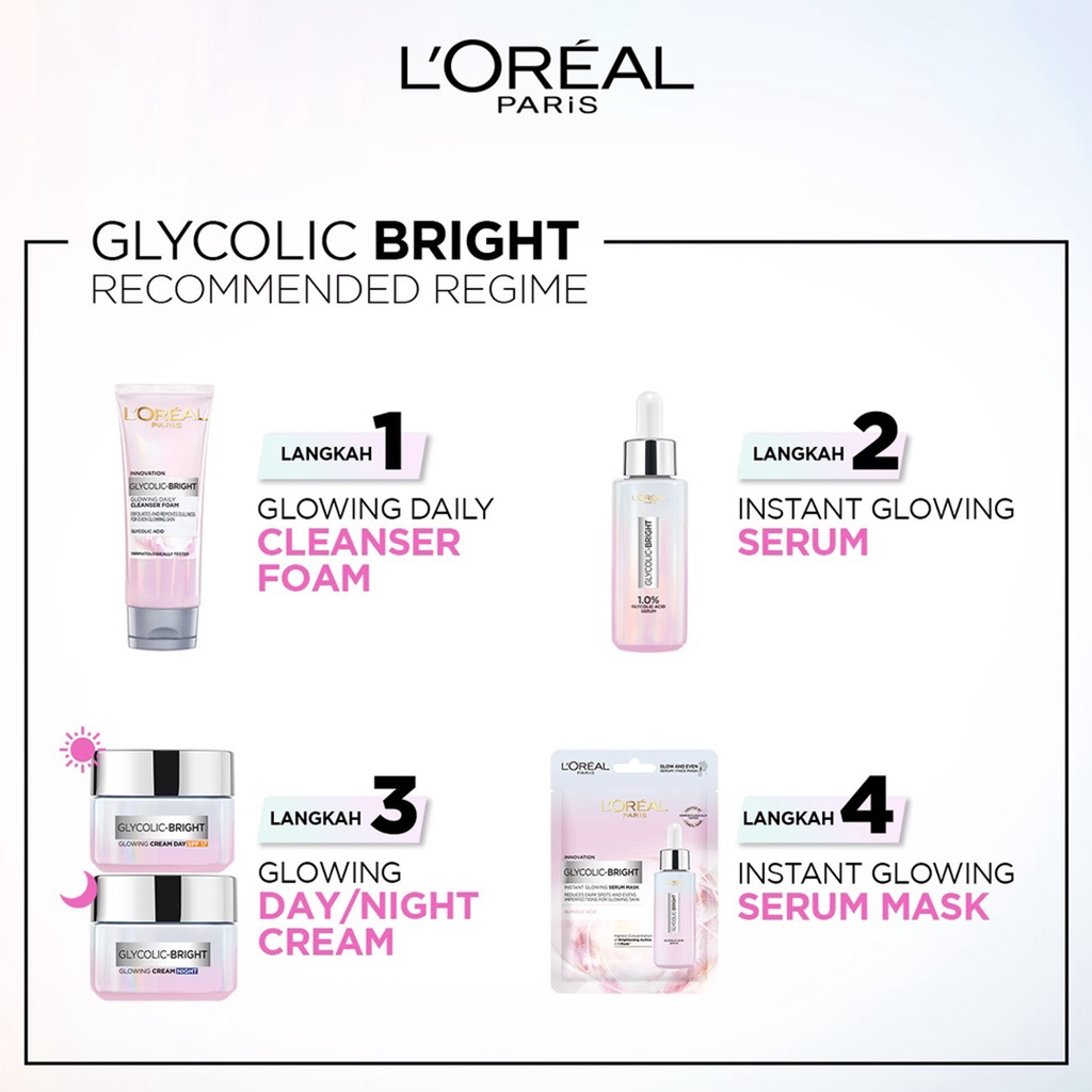 ❤ BELIA ❤ LOREAL PARIS Glycolic Bright Glowing Series | Instant Serum | Daily Cleanser Foam | Cream Day SPF 17 | Night | Mask Sheet | Acid | L'Oreal | BPOM