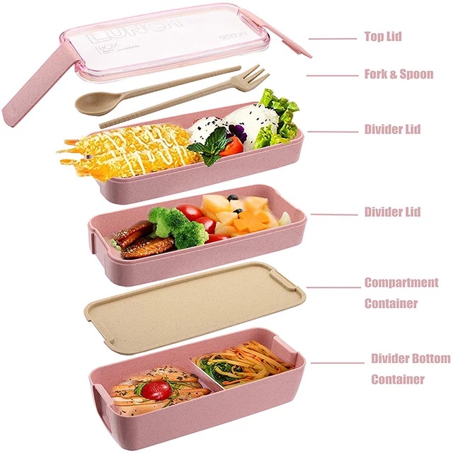 Kotak Bekal Lunch Box Kotak Makan Ompreng Tempat Makan 3 layer 900 ML Jerami BPA Free Sendok Garpu