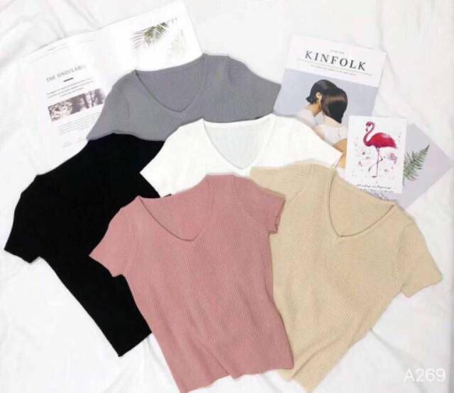 BSF Viria Rajut Kaos Perempuan Lengan Pendek Baju Atasan Wanita Kerah V Pakaian Cewek Kualitas Bagus