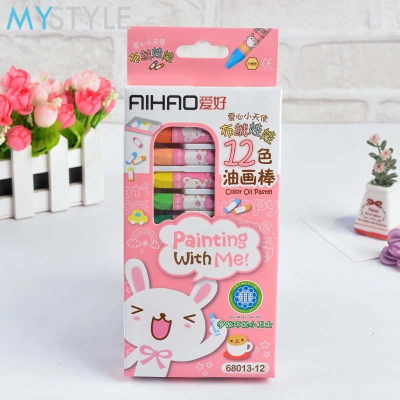 CRAYON SET OIL PASTEL 12 WARNA PENSIL WARNA ALAT MEWARNAI ALAT LUKIS ANAK PINK BIRU