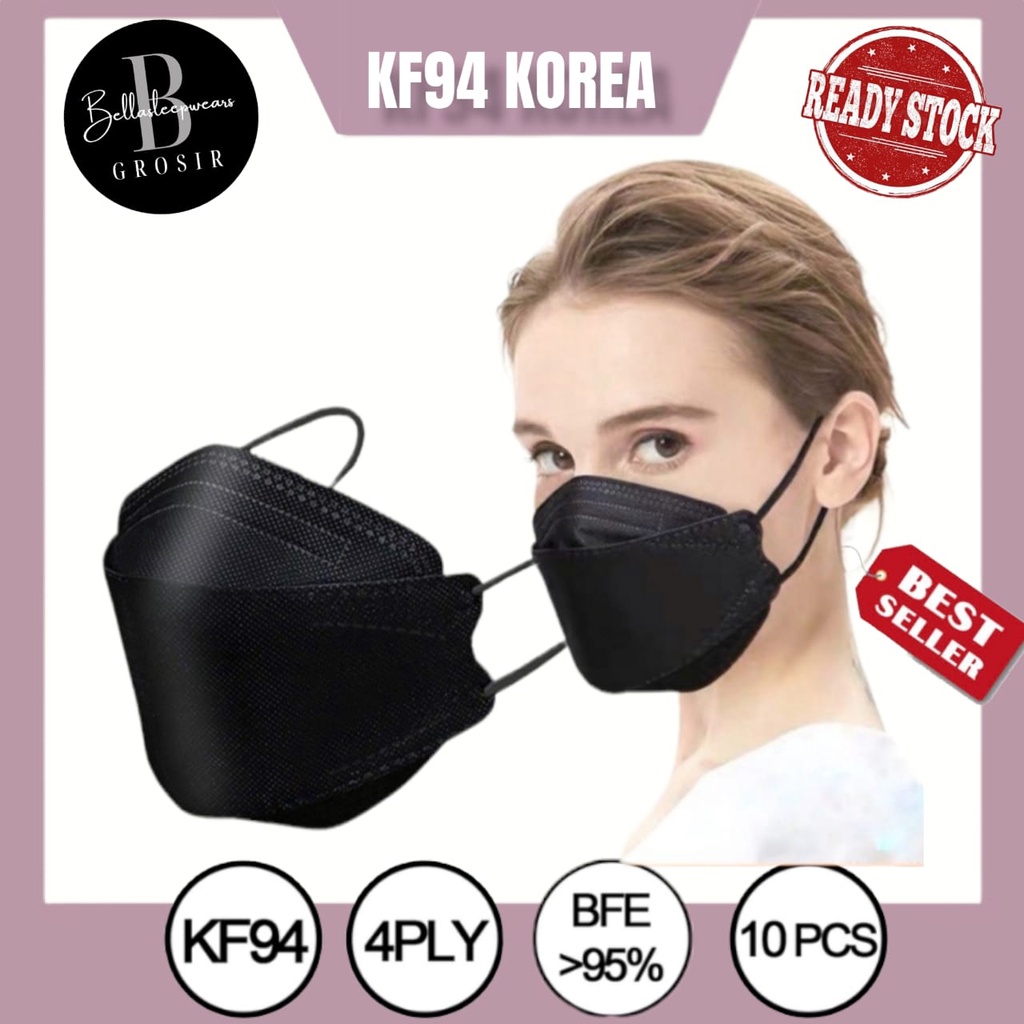 PROMO KF94 10 PC  - MASKER 4PLY DR ITC ONCARE FISH MASK KOREA HITAM PUTIH ABU