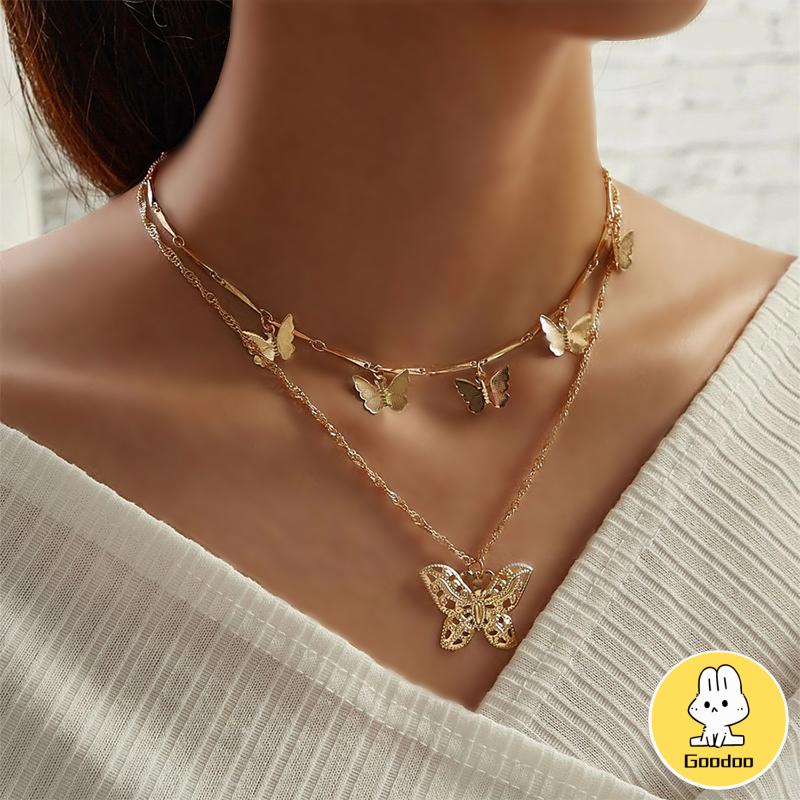 Fashion Kalung Multilayer Kalung Kupu-kupu Liontin Aksesoris Wanita Kalung Perhiasan Aksesoris -Doo