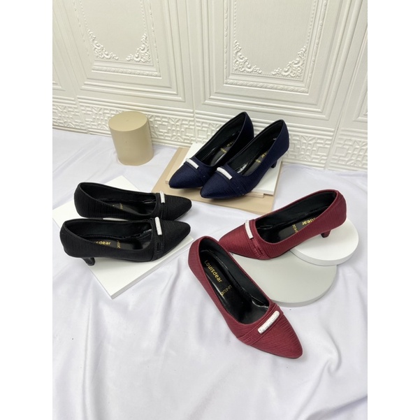 sepatu heel wanita terbaru pesta LOUISDEAR sepatu Heel 3 cm bahan satin garis mutiara P50