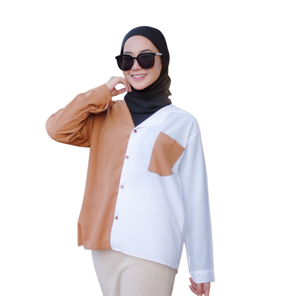 CUCI GUDANG!! Kemeja Wanita KEMEJA TWO TONE Kemeja Twotone Wanita Atasan Blouse  Kemeja Kombinasi Wanita Kemeja Warna Warni Kemeja Dua Warna Blouse Casual