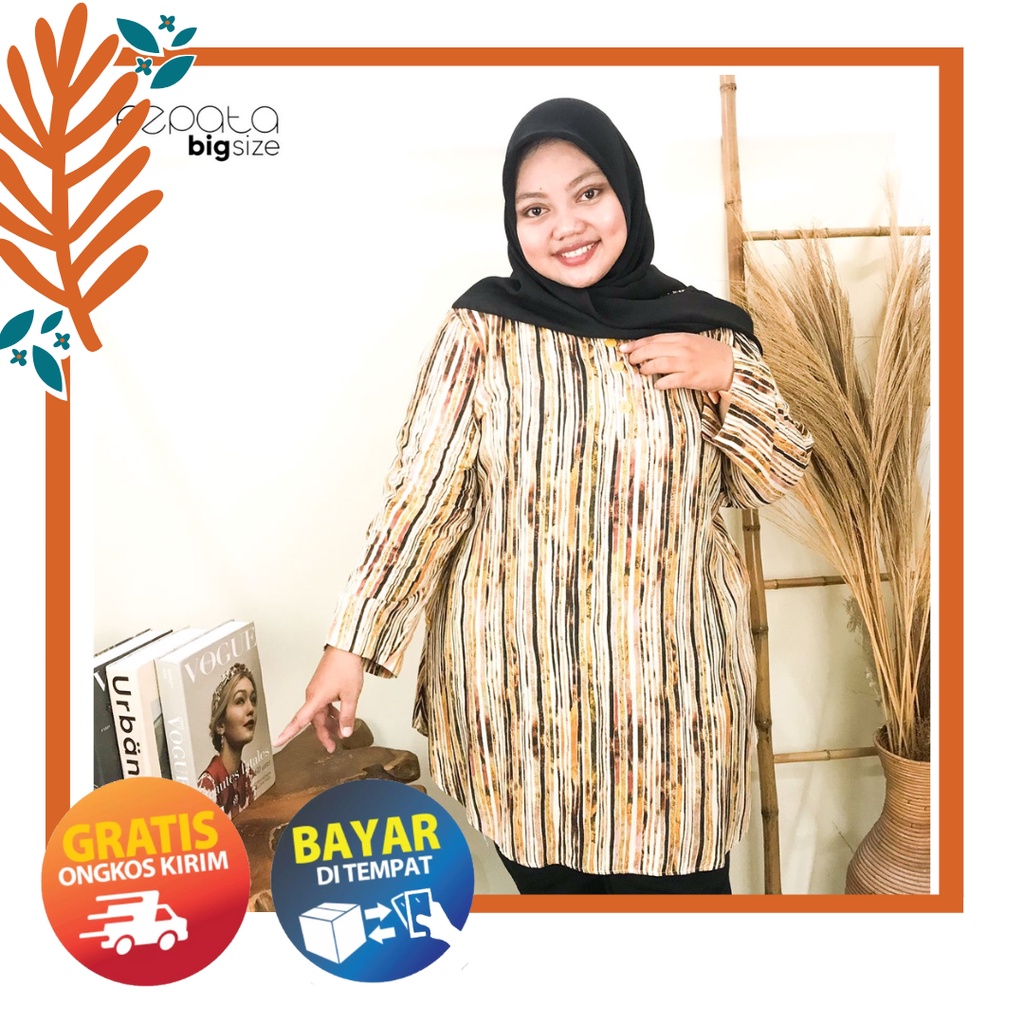 Ezpata Tunik Wanita Bigsize Jumbo Motif Stripes Kayu Garis-garis Kancing Busui Friendly Saku Bahan Rayon Terbaru Termurah