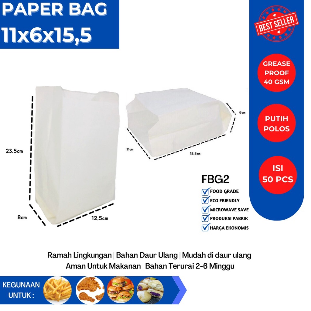 Paper Bag Burger Size 13x7.5x23 (Isi 50 Pcs-FBG2W)