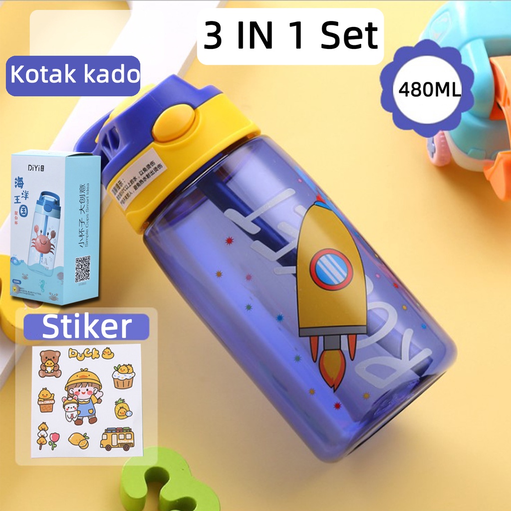 Botol Minum Anak Desain Unik Variasi Motif Karakter terdapat Sedotan BPA FREE bottol minum sedotan cangkir jerami cangkir plastik lucu cangkir kartun portabel 480ML 1000ML-Roket 3 IN 1