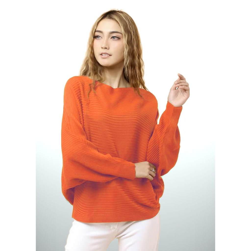 Atasan Rajut Jumbo Wanita Outerwear Blouse Batwing Oversize Lasperal Knit Prily Batwing Kalong Monochrome-Orange