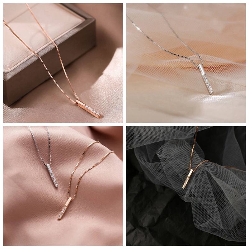 Kalung Rantai Klavikula Desain Garis Vertikal Aksen Berlian Bahan Zirkon Warna Silver Untuk Wanita