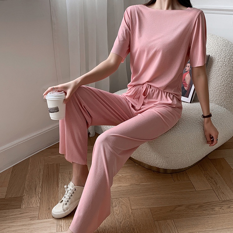 Piyama Baju Tidur Import Sleepwear Lengan Pendek Celana Panjang Polos Stelan Rumah Oversize Ice Silk-7