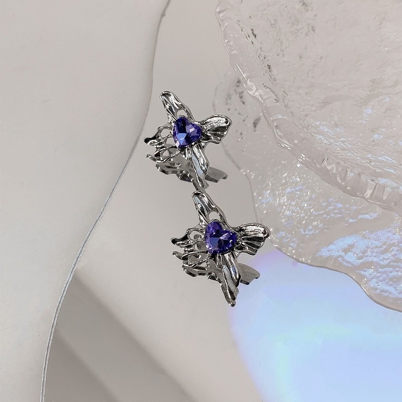 Anting Stud Zircon Desain Hati Pita Warna Ungu Bahan Metal Untuk Wanita