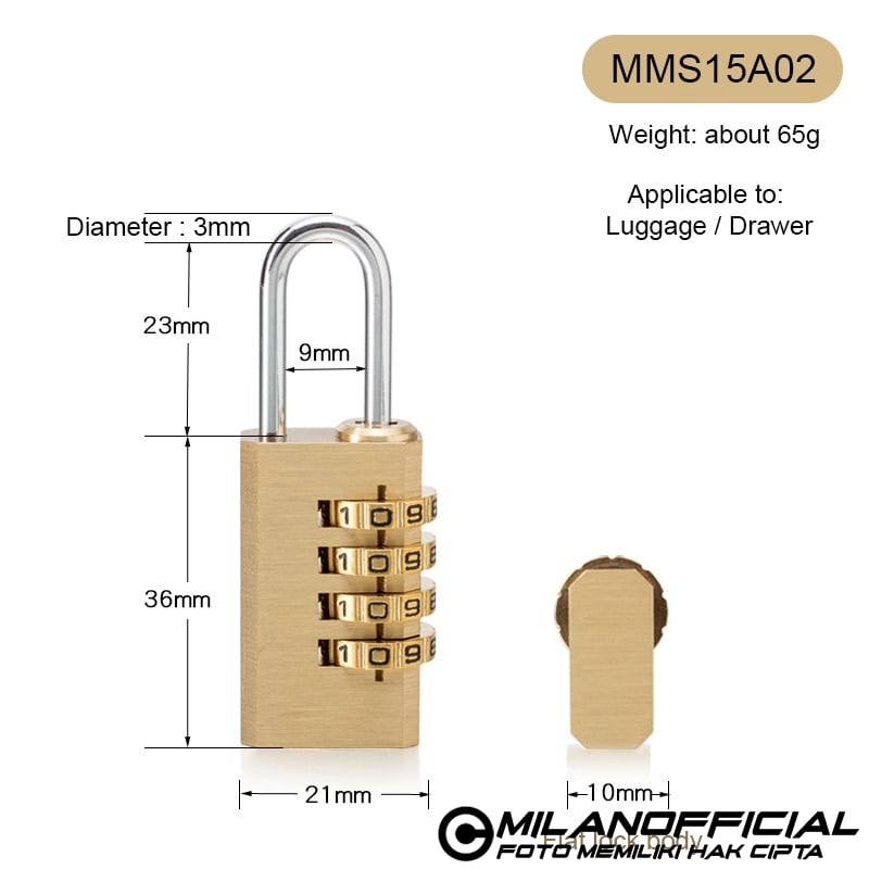 GS8 GEMBOK KOPER PADLOCK 3-4 DIGIT COMBINATION SOLID BRASS STAINLESS STEEL KAK 21X53MM