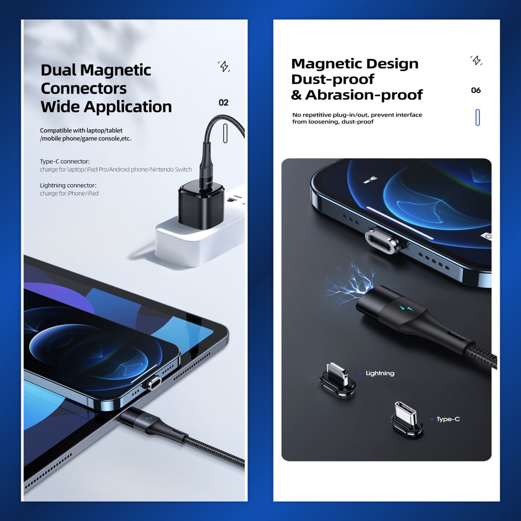 USAMS U66 Kabel Data Magnetic Type-C to Lightning 20W + Type-C 60W PD Fast Charging