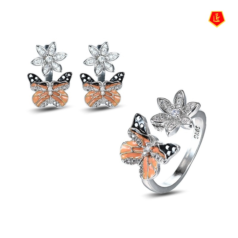 [Ready Stock]New Fashion Flower Butterfly Ring Luxury Full-Jeweled Stud Earrings Set