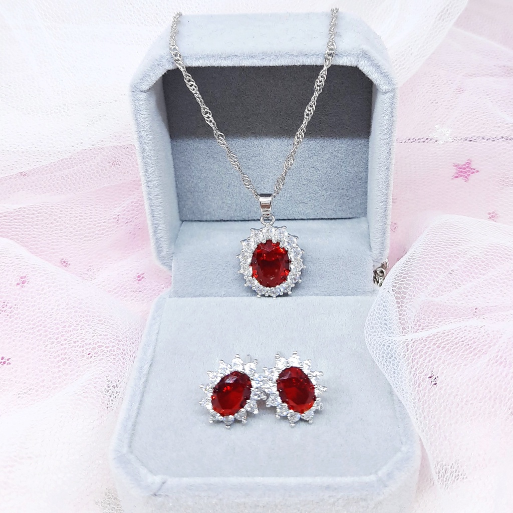 Set Perhiasan Pesta Kalung Anting Batu Merah Oval Elegan BR030A