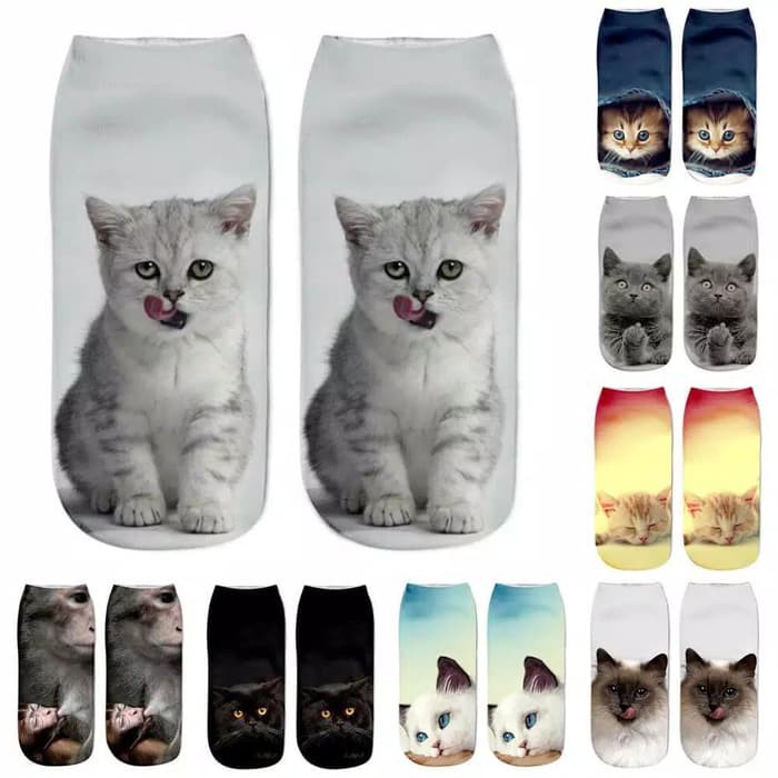 Kaos Kaki Pendek Wanita Lucu Imut Motif Kucing dan Monyet