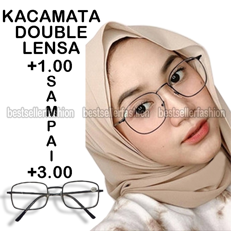 Kacamata Baca Plus 2 fungsi baca dan jalan uk +1.00 s.d +3.00 pria wanita kacamata plus frame metal kotak hitam kaca mata rabun dekat eyeglasses unisex kacamata dobel fokus