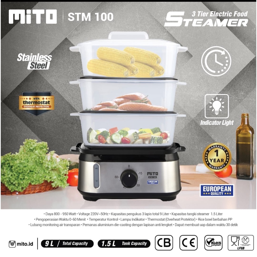 Food Steamer Mito STM 100 Pengukus Makanan Mitochiba STM100 3 Tingkat Penghangat Makanan Kukusan Makanan Listrik