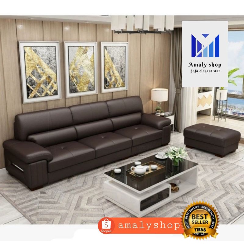 Sofa Kulit 3 Seater + Stool (Coklat) Minimalis Kursi Tamu Model Terbaru Super Mewah Kualitas Bahan P