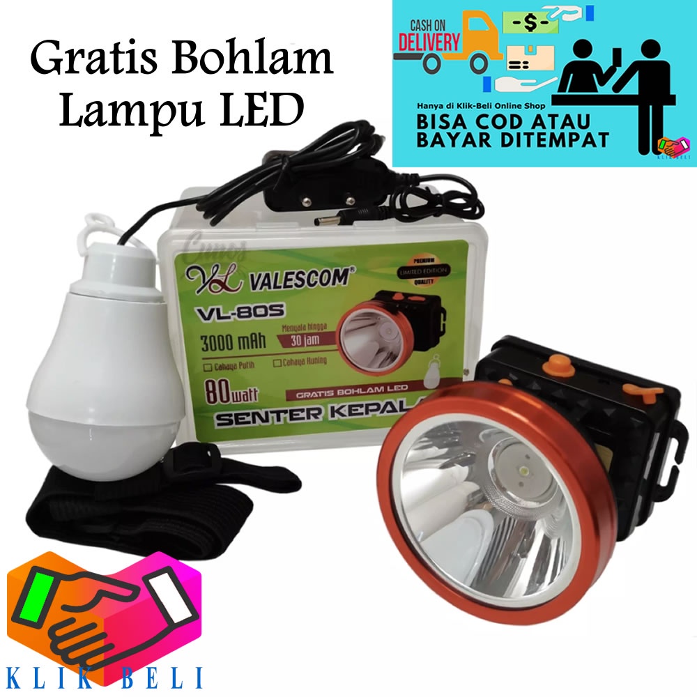 Senter Kepala Valescom VL-80S Cahaya Putih / Kuning + GRATIS Bohlam Lampu LED