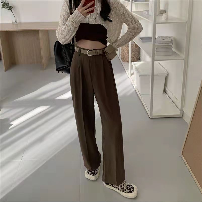 [chaoo.id]Celana panjang lurus pinggang tinggi wanita Korea warna solid celana setelan longgar kasual/celana kulot wanita korean style loose highwait/celana wanita terbaru/straight pants/celana panjang wanita celana bahan