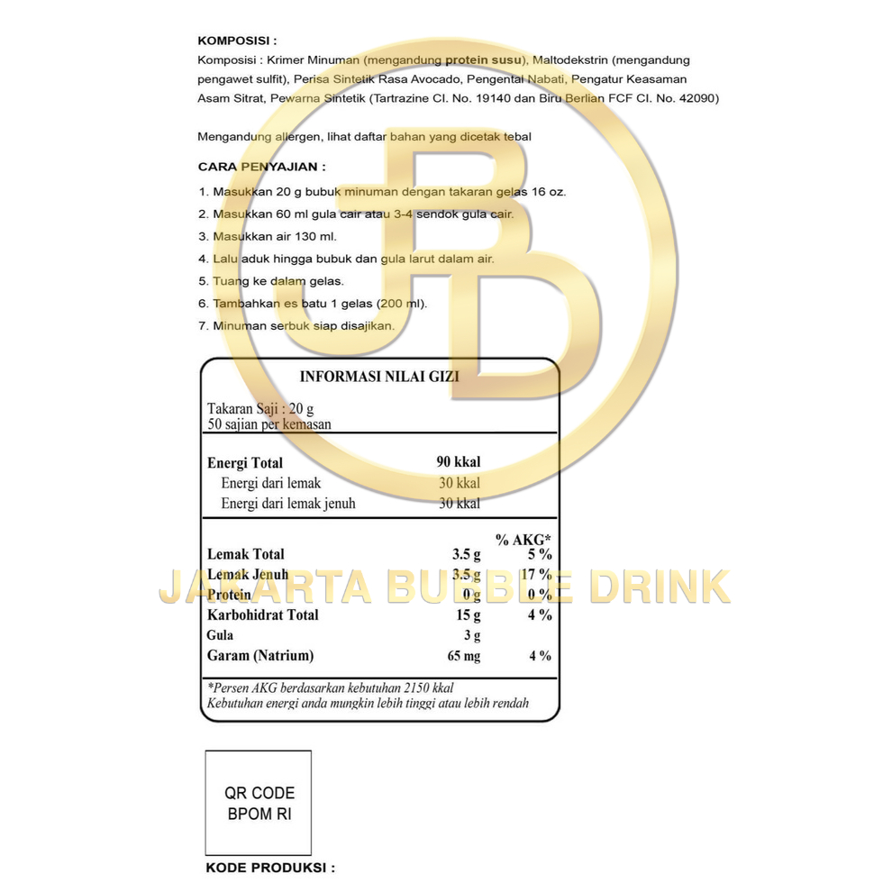 Bubuk Minuman Premium AVOCADO -Jakarta Bubble Drink | BPOM&amp;HALAL