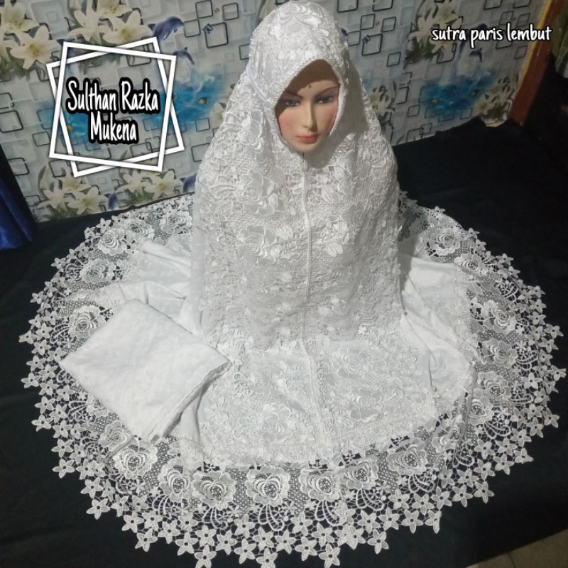 MUKENA MEWAH MUKNAH DEWASA SUTRA PREMIUM PRADA MOTIF BORDIR TERBARU 2021 TELEKUNG PUTIH JILBAB RUKUH