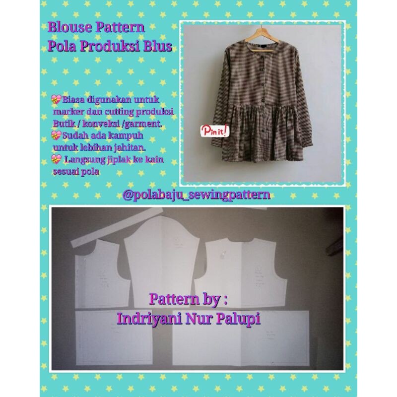 Pola Produksi Blus 021 | Pola baju pinggang kerut | Blouse sewing pattern